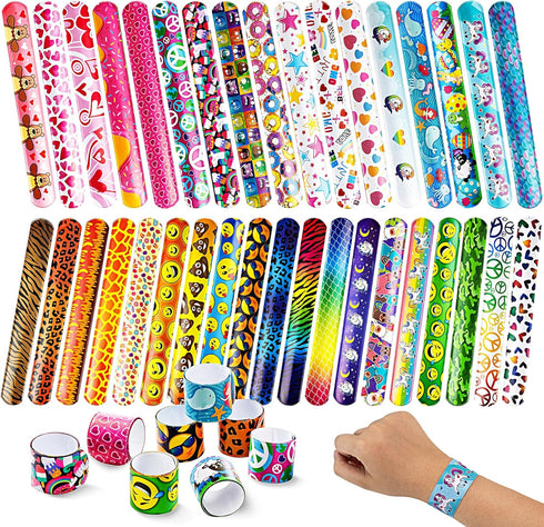 JOYIN 60 Pcs Slap Bracelets for Kids, Bulk Wristbands with Animals, Friendship, Heart Print for Easter Party Favors