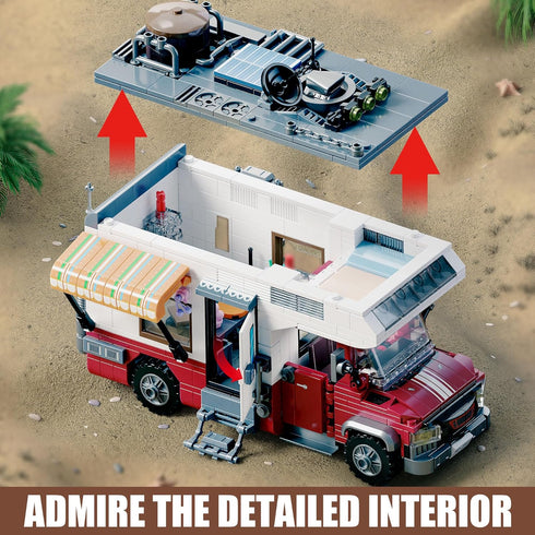 TYCOLE Set-Beach 6+(880 City Camper Van Building Camping Themed Construction Toy Kit with Mini Accessories&Lights, RV