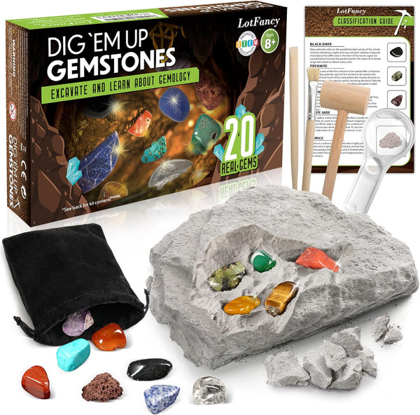 LotFancy Gemstone Dig Kit, Excavate 20 Real Gems, Science Kit for Kids Age 8-12, Educational Toy with Mining Tools