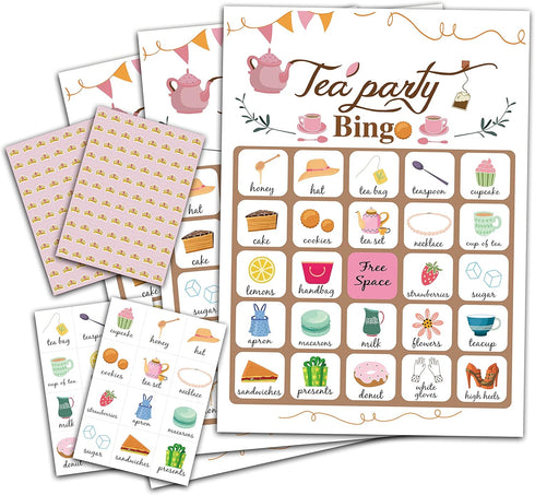 Tea Party Bingo Game - 24 Players Family Activities with Bingo Cards for Party Supplies and Favors