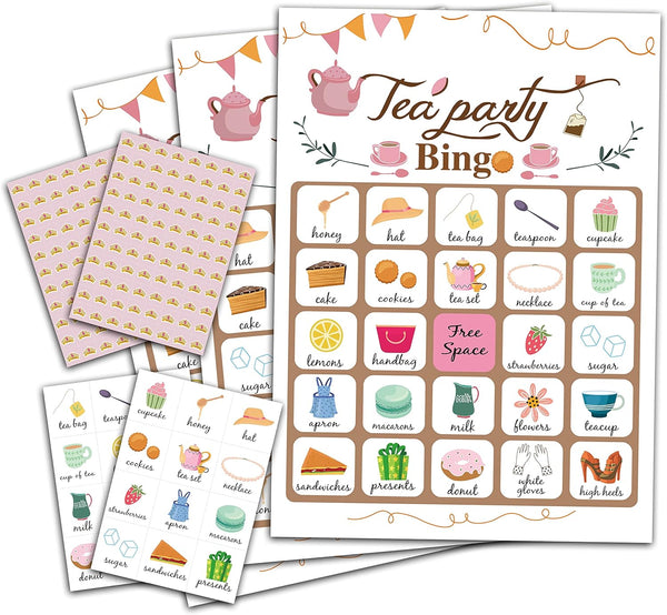 Tea Party Bingo Game - 24 Players Family Activities with Bingo Cards for Party Supplies and Favors