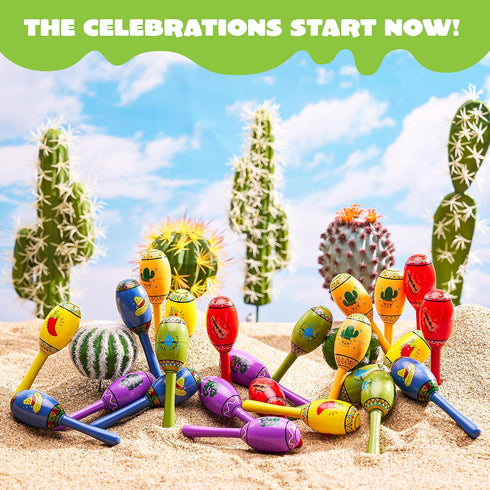 JOYIN 24 Mini Wooden Fiesta Maracas, 6 Designs Noisemaker for Mexican Fiesta, Birthday Parties, Luau Party Favors
