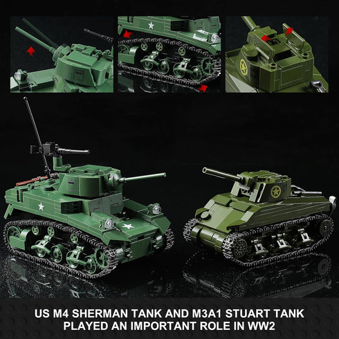 MISTBUY WW2 Sets (1452 Army Tank Toys Building Compatible with Lego Pieces), Includes US Sherman & Stuart Tanks