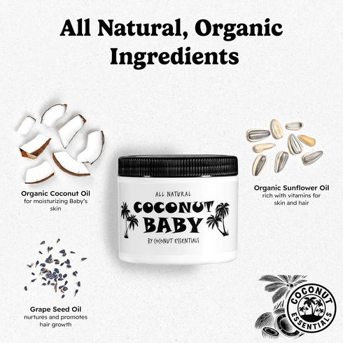8 oz Coconut Essentials COCONUT BABY Oil, Natural & Organic Moisturizer for Newborn Sensitive Skin, Eczema & Psoriasis