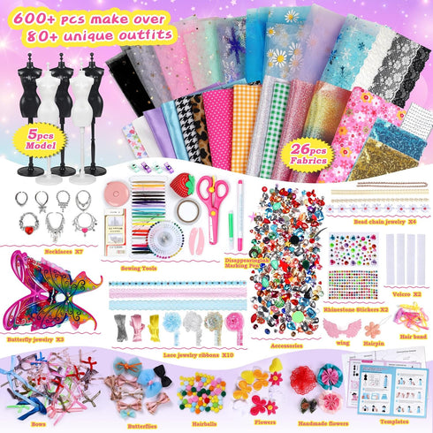 YEETIN Fashion Designer Kits for Girls Ages 6+, 600+ Pcs Kids Sewing Kits, Arts & Crafts Set, Doll Clothes Making