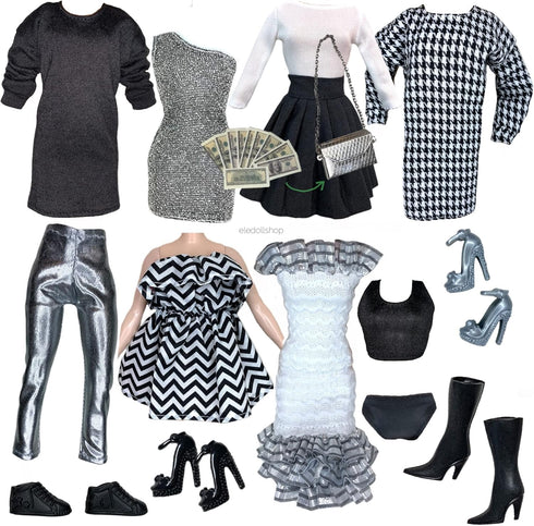 Eledoll Clothes Deluxe Fashion Pack for 11.5 inch Doll - Boss Lady II Black White Silver Set