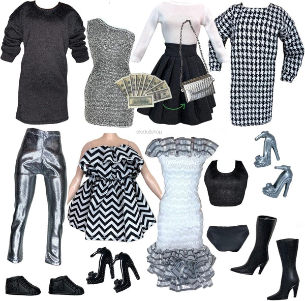 Eledoll Clothes Deluxe Fashion Pack for 11.5 inch Doll - Boss Lady II Black White Silver Set