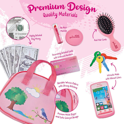 Toddler Play Purse for Kids with Accessories, Pretend Makeup, Keys, Smartphone, Dress Up Toy Purse