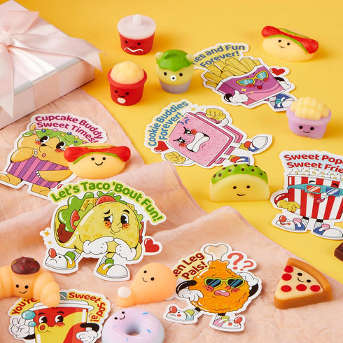 28 Packs 14 JOYIN Valentines Day Mochi Squishy Toy Gift Cards for Kids, Designs Kawaii Desserts Mochi to Squeeze