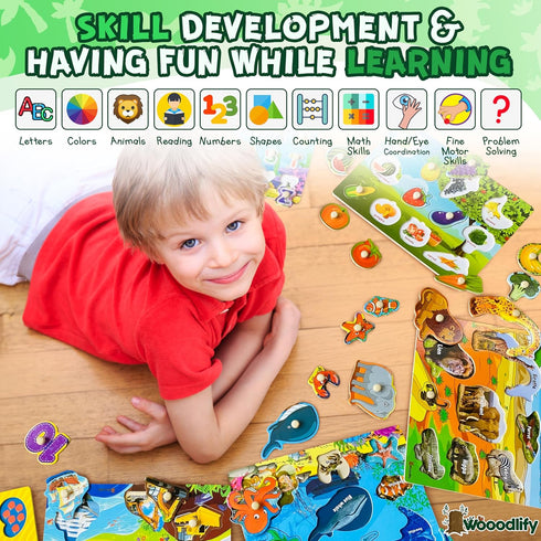 WOOODLIFY 5 Pack 1-3 2-4 Wooden Puzzles for Toddlers - Colorful Chunky Wooden Peg Puzzles - Educational Learning