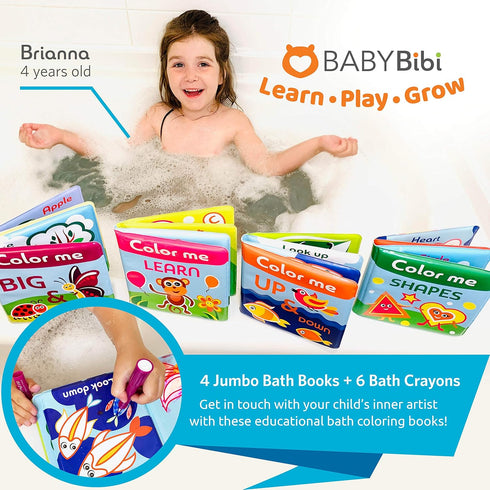 Set 4 6 2+ BabyBibi Color Me Bath Books Plus Crayons of Different Books Includes Washable Bath Crayons Learn and Play