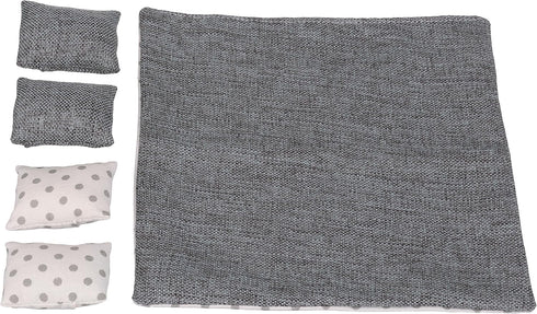 Dollhouse Bedding, 5 Piece Set with Comforter & Pillows, Blanket, Realistic Bedroom Accessories for 6 inch Dolls, 1/12 Scale, Gray and White Linen by Inusitus