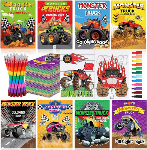 Funrous 24 Set Monster Truck Coloring Books Bulk with 24 Stacking Crayons