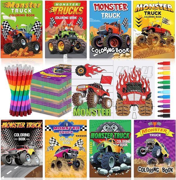 Funrous 24 Set Monster Truck Coloring Books Bulk with 24 Stacking Crayons