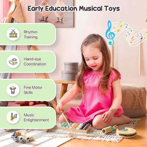 Miljgte 1-3, Set 12-18 Wooden Musical Instruments for Toddlers Montessori Percussion with Xylophone, Natural Music