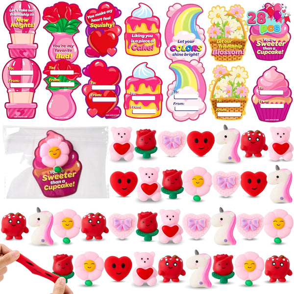 JOYIN 28 Packs Valentines Day Gift Cards with Mochi Squishy Toys, Stress
