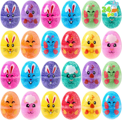24 JOYIN Pcs Easter Prefilled Eggs with Foam Squishy Toy, Cute Foam Stress Reliever Squishy Toy Fillers for Easter Egg