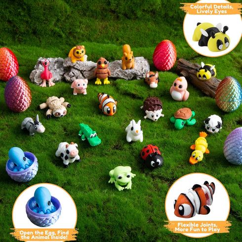 21 3D 21 Monjita Pcs Printed Easter Eggs with Pcs Mini Animal Figurines Inside, Flexible Articulated Fidget Wigglitz