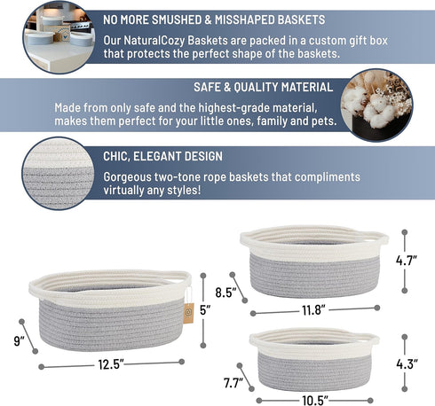 NaturalCozy 3-Piece Oval Basket Set, Natural Rope Woven Baskets for Storage, Gift Basket, Toy Basket, Off White & Gray