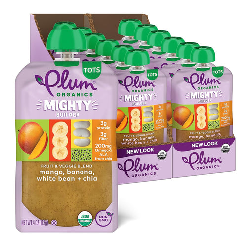 Plum Organics Mighty Builder Organic Toddler Food, Mango, Banana, White Bean, and Chia, 4 oz Pouch (Pack of 12)