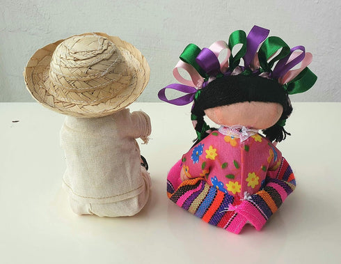 ALKIMIA INC Mexican Handmade Traditional Rag Couple Dolls, 7 inches - Pink & White