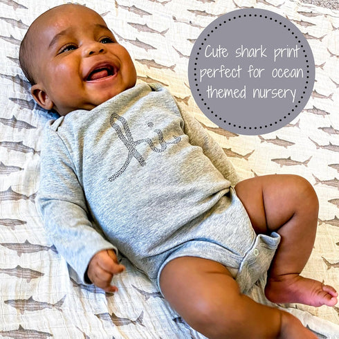 Swaddle Blanket, 100% Muslin Cotton, Newborn Nursery Essentials for Boys, Shark Print