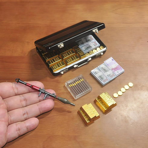 EKKZ 1:6 Set Scale Miniature Black Briefcase with Fake Gold Bars, Mini Dollar Bill Bundles, Vintage Coins & Toy Weapons