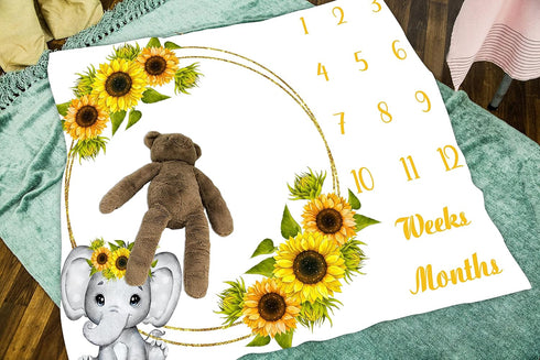 Sunflower Baby Age Blanket, Cartoon Elephant White Growth Chart Memory Blanket, 48x40 Inch