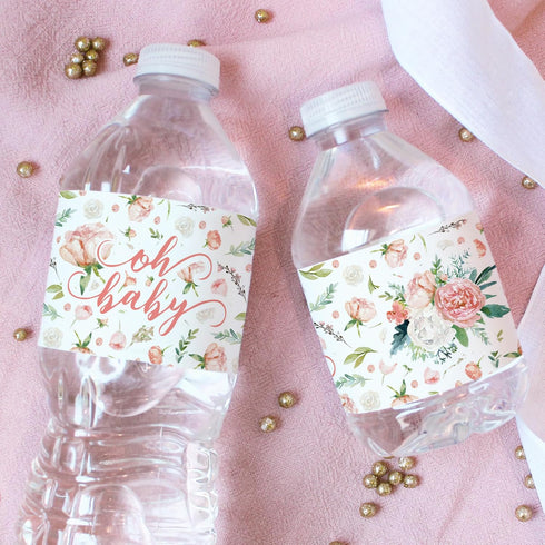 Baby in Bloom Baby Shower Water Bottle Labels - 20 Waterproof Stickers for Pink Floral Boho Girl Baby Shower