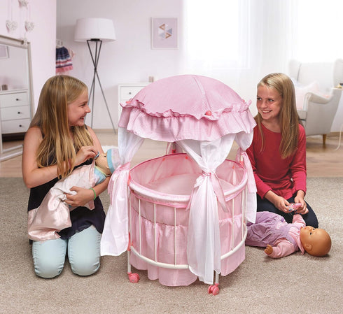Badger Basket Toy Royal Pavilion Round Doll Bed with Canopy and Bedding for 18 inch Dolls, Pink/White