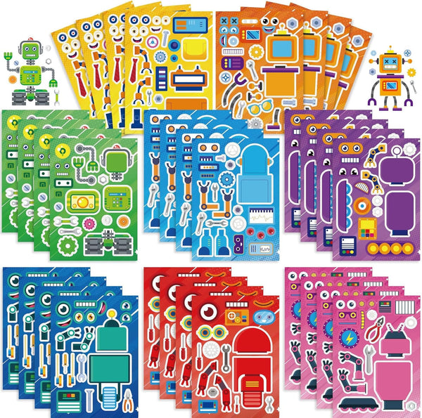 Create-Your-Own-Sticker, 32 Sticker Sheets for Kids, Robot Stickers, Educational Party Favors, Birthday Party