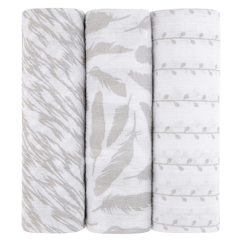 100% 3 Pack 47"x 47" Muslin Swaddle Blanket Soft Muslin Cotton Classic Grey Combo Unisex for Baby Girl or Baby Boy