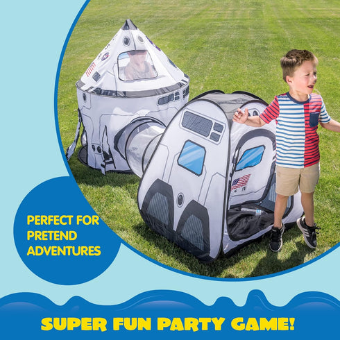 JOYIN White Rocket Ship Pop Up Play Tent - Kids Indoor Outdoor Spaceship Tent Set with Tunnel and Playhouse