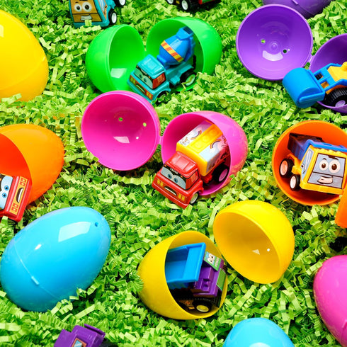12 JOYIN Pcs Easter Eggs Filled with Toy Cars, Colorful Prefilled Pull Back Construction Vehicle, and Race Car for Kids