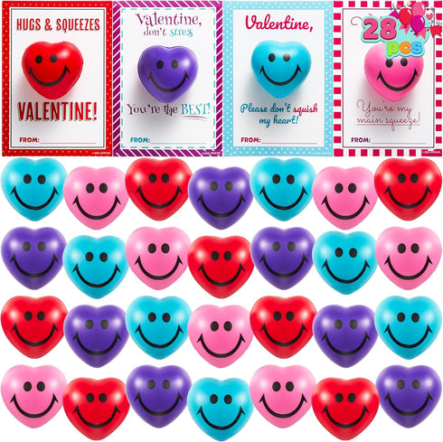 28 Packs JOYIN Heart Shape Stress Ball with Cards Stress Relief Fidget Toy for Valentine Party Favors, Classroom Prize