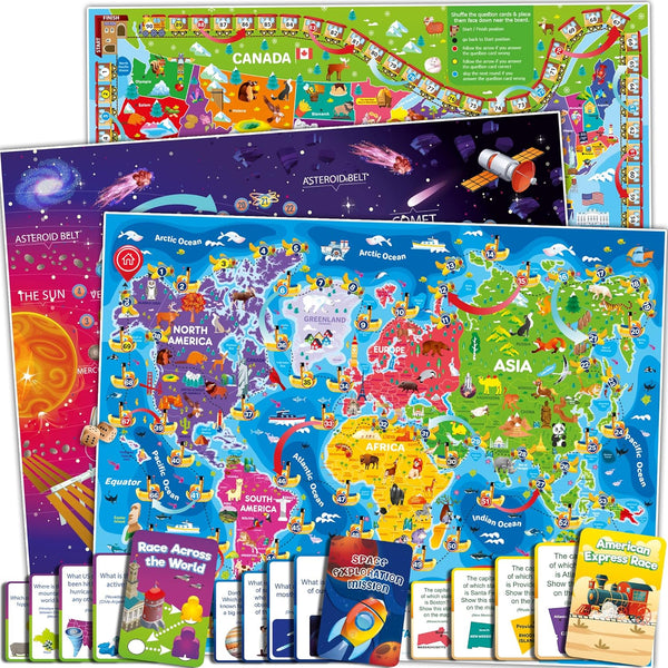 QUOKKA 3X Set Learning Board Games for Kids 6-8 - Educational Trivia Cards Ages 8-12 | Explore Outer Space