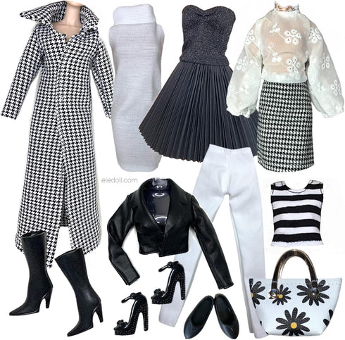 Eledoll Deluxe Fashion Pack - BOSS LADY Clothes for 12" Fashion Doll, Black & White Houndstooth Set