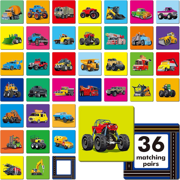 Hebayy Truck Matching Game, 72 PCS Traffic Memory Matching Cards for Toddlers, Educational Toys for Preschool Boys &