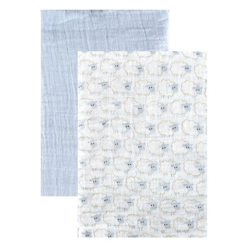 2-Pack Hudson Baby Unisex Baby Cotton Muslin Swaddle Blankets, Blue Sheep