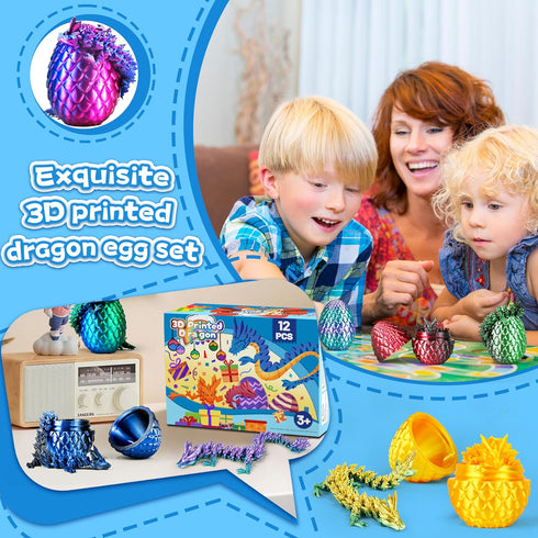12PCS 3D Set, 3D Printed Dragon Eggs with Dragons Inside, Articulated Fidget Toys Dragon Figurines for Kids Goodie Bag