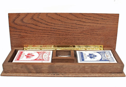 WE Games Cabinet Cribbage Set - Solid Oak Medium Stained Wood with Inlay Sprint 3 Track Board, Metal Pegs & 2 Decks of