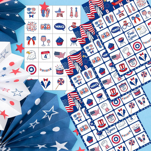4th of July Bingo Cards - 24PCS Red White and Blue Cards for Kids and Adults Patriotic Activities