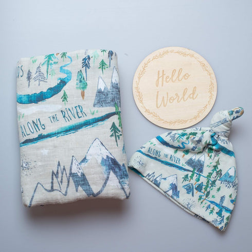 Miaoberry Mountain Baby Organic Muslin Swaddle Blankets for Baby Boy with Hat and Wooden Hello World Newborn Sign