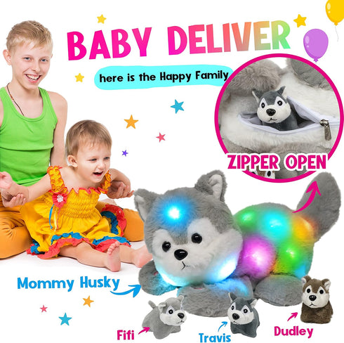 Hopearl LED Musical Stuffed Husky - Singing Plush Toy Playset with 3 Baby Puppies, 17''