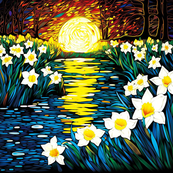 Bgraamiens 1000 Pieces Puzzle - Moonlight Daffodils - Square Stained Glass Art Puzzle for Adults and Kids