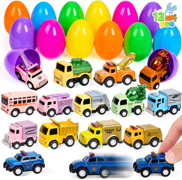 JOYIN 12 Pcs Easter Eggs Filled with Toy Cars, Colorful Stuffed Eggs