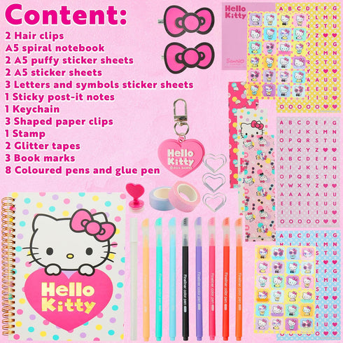 Hello Kitty A5 DIY Journal Kit for Girls Teens Kawaii Spiral Notebook Hair Clips Keychain Bookmark Stickers Cute Stuff