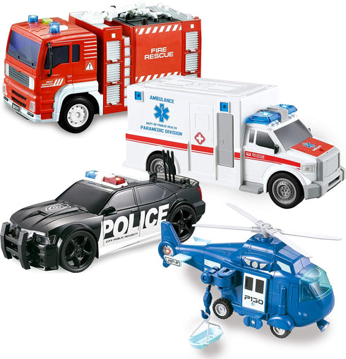 JOYIN 4 Packs Emergency Vehicle Toy Playsets, Friction Powered Vehicles with Light and Sound, Including Fire Truck,