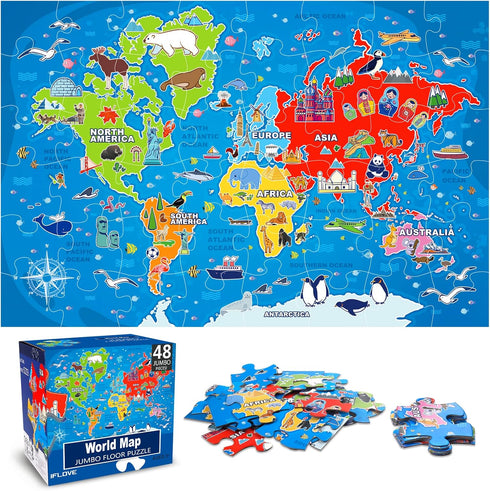 Jumbo Floor Puzzle for Kids,World Map Jigsaw Geography Puzzles,48 Piece Globe Atlas
