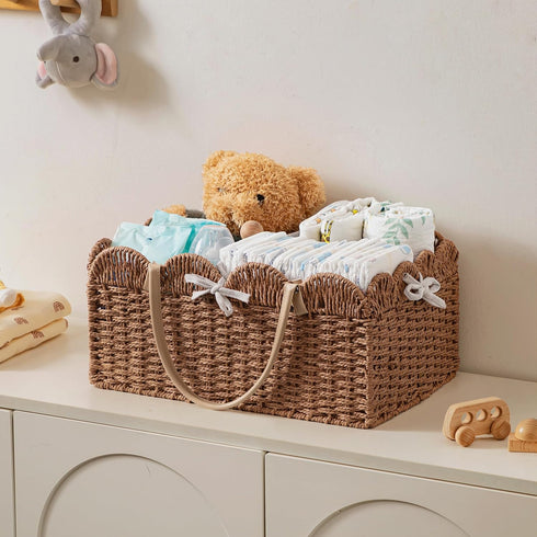 HBlife Baby Diaper Caddy, Paper Rope Storage Baskets Nursery Bin with Removable Divider, Portable Car Organizer